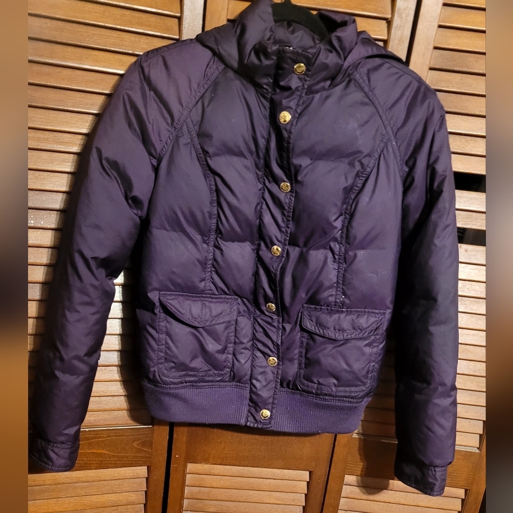 Juicy Couture dark purple down hooded bomber jacket with gold buttons Size Small - Picture 10 of 15
